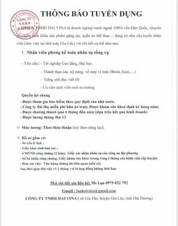 Công ty TNHH HAI VINA tuyển dụng